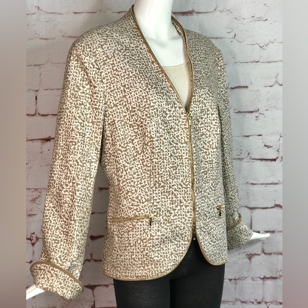 ESCADA M Tan & Cream print Gold Zipper detail Moto vibe Size EU 44 jacket blazer - Picture 8 of 15